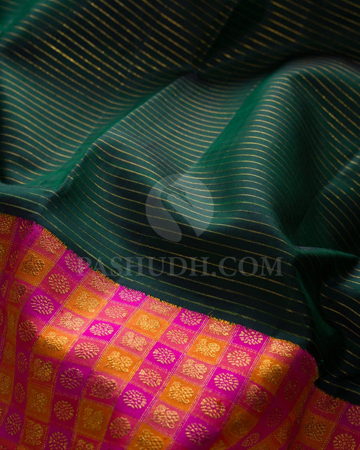 Bottle Green & Pink-Orange Kanjivaram Silk Saree-S1448(A)