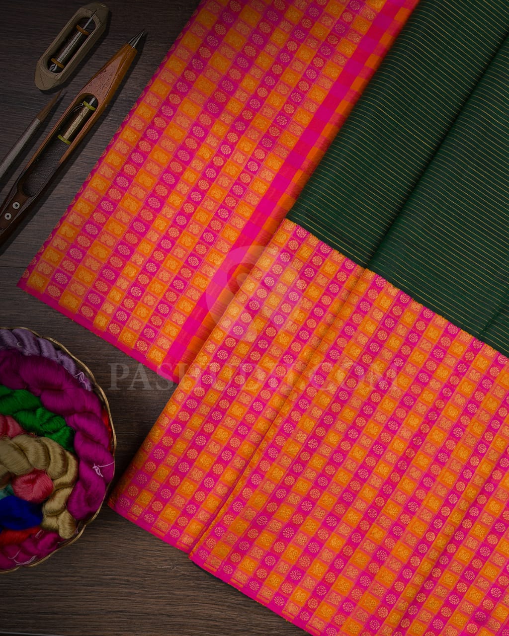 Bottle Green & Pink-Orange Kanjivaram Silk Saree-S1448(A)