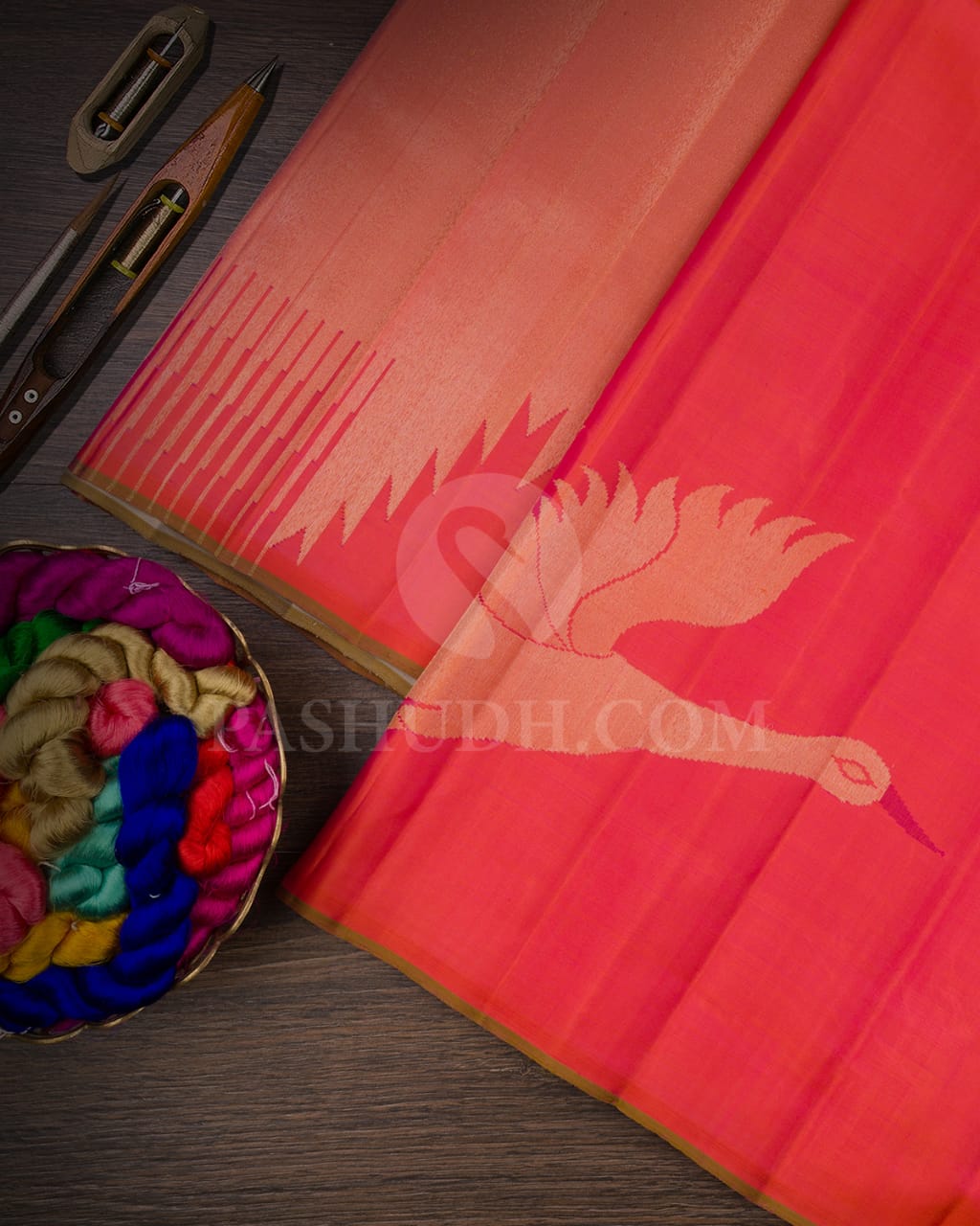 Pink Shot Orange & Grey Traditional Borderless Kanjivaram Silk Saree-S1425(C)
