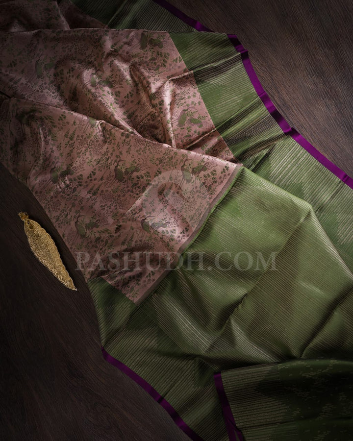 Mild Chocolate Brown & Olive Green Kanjivaram Silk Saree-D612(B)