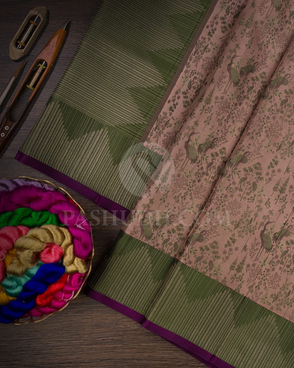 Mild Chocolate Brown & Olive Green Kanjivaram Silk Saree-D612(B)