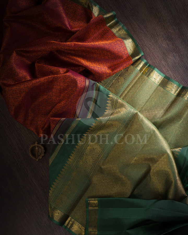 Eggplant Purple,Orange & Bottle Green Pure Kanjivaram Silk Saree-SP70