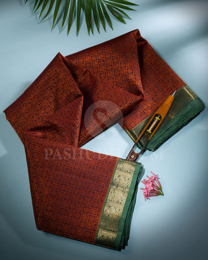 Eggplant Purple,Orange & Bottle Green Pure Kanjivaram Silk Saree-SP70