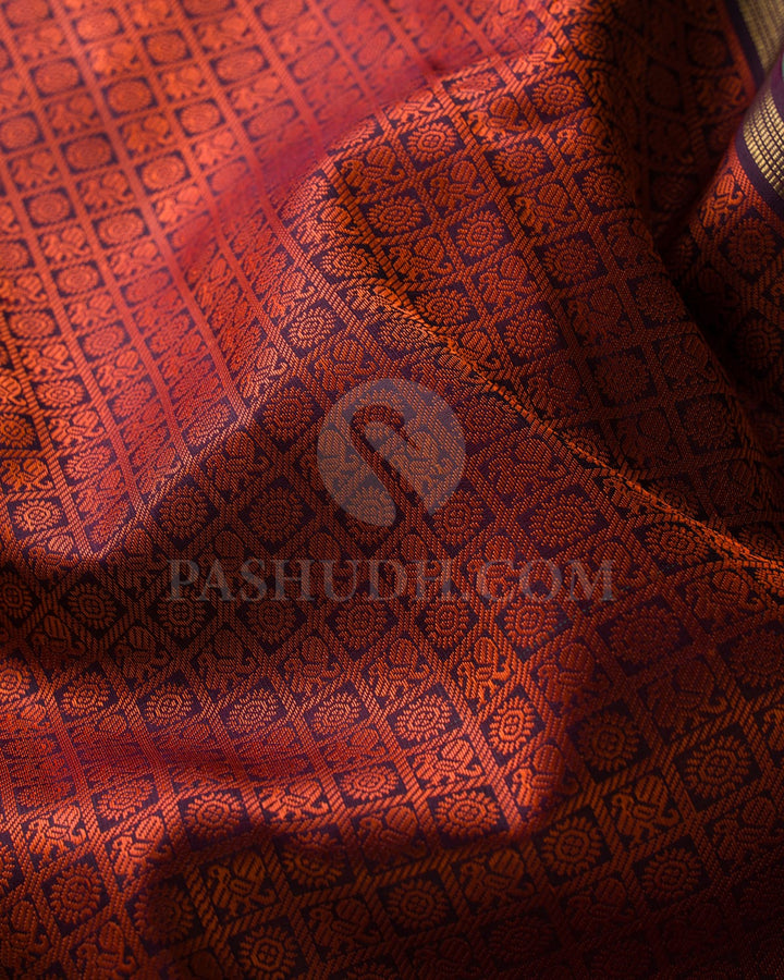 Eggplant Purple,Orange & Bottle Green Pure Kanjivaram Silk Saree-SP70