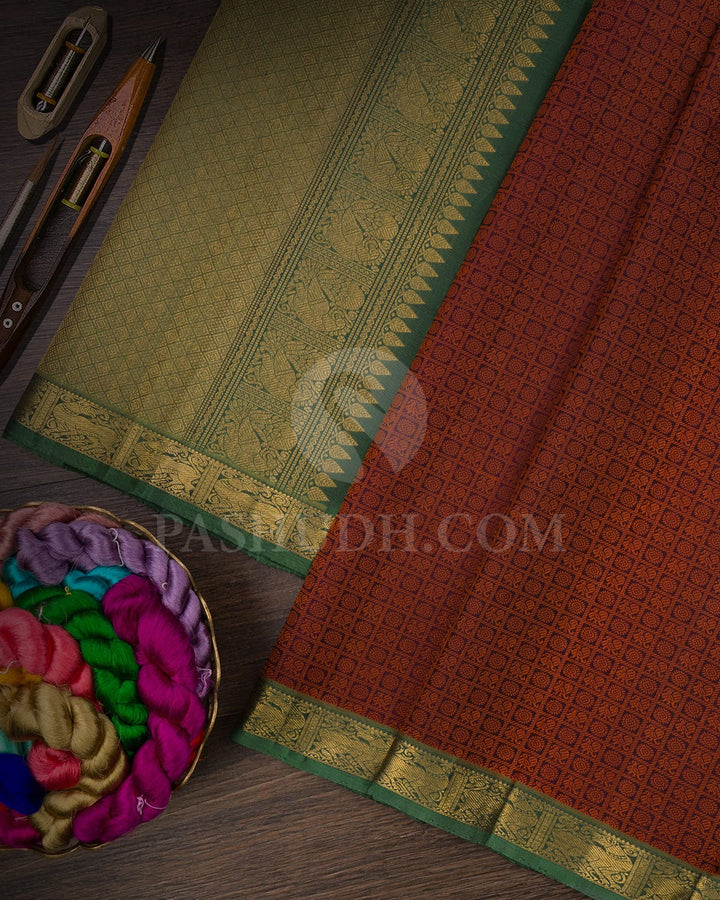 Eggplant Purple,Orange & Bottle Green Pure Kanjivaram Silk Saree-SP70