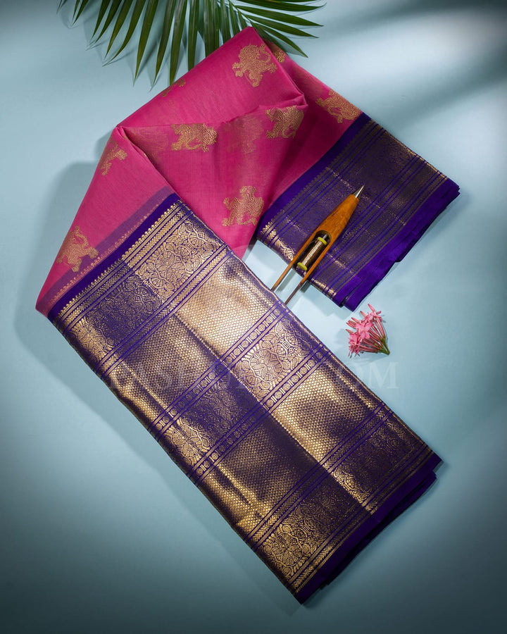 Baby Pink & Royal  Blue Kora Organza  Kanjivaram Silk Saree-SP61