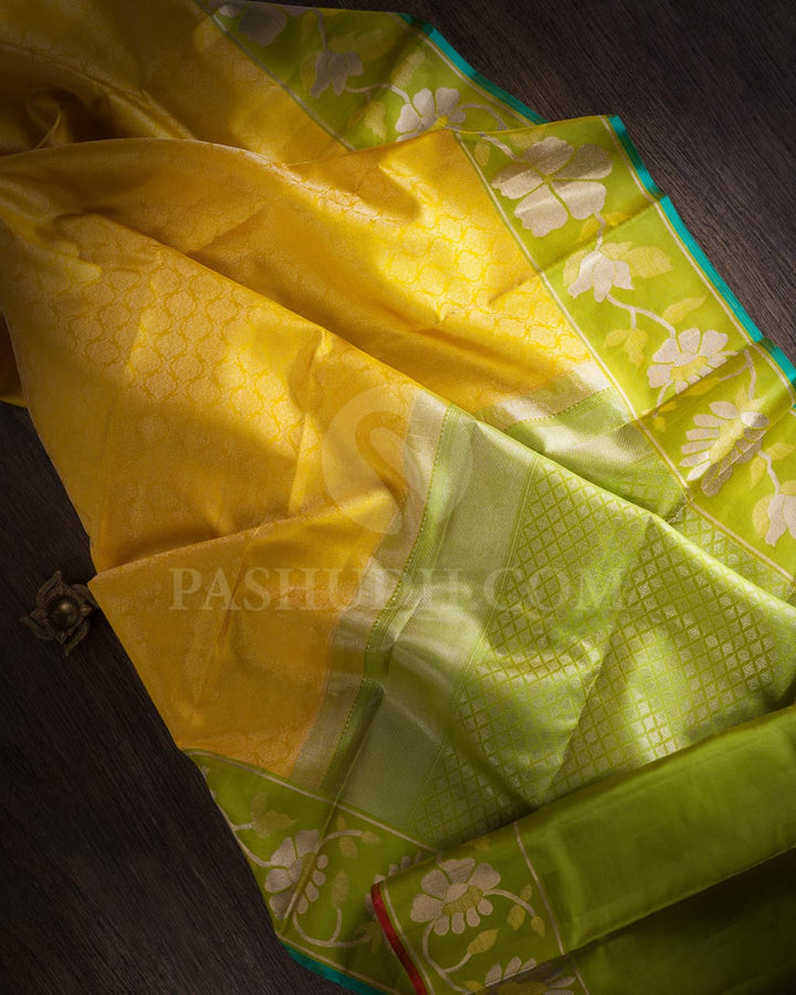 Tuscany Yellow And Pear Green Kanjivaram Silk Saree-D614(C)