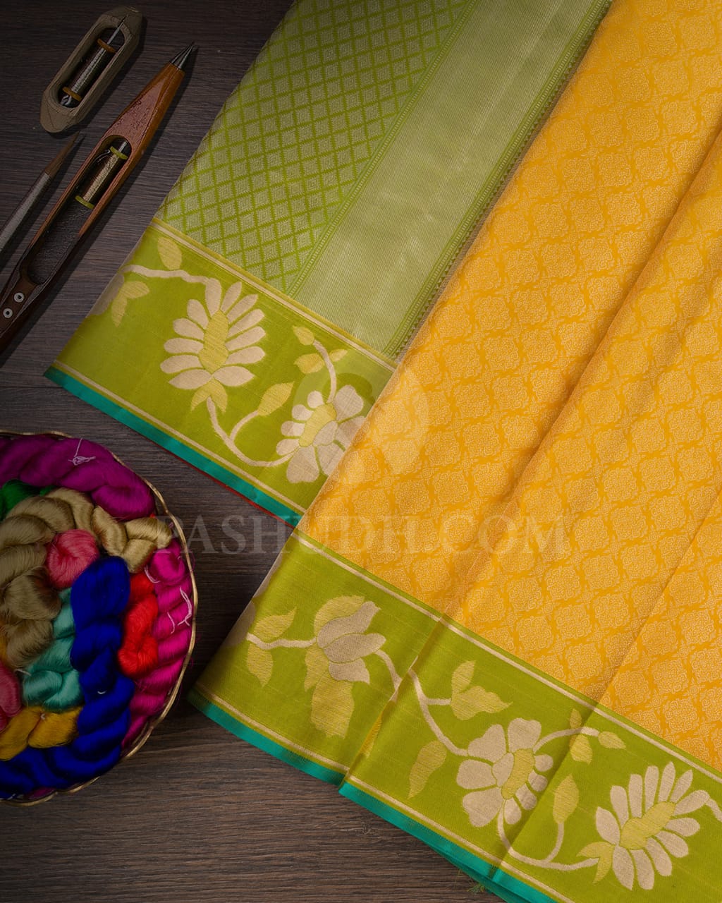 Tuscany Yellow And Pear Green Kanjivaram Silk Saree-D614(C)