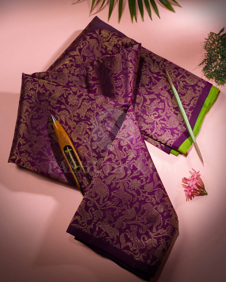 Violet Vanasingaram With Parrot Green Traditional Borderless Pure Kanjivaram Silk Saree-SP78