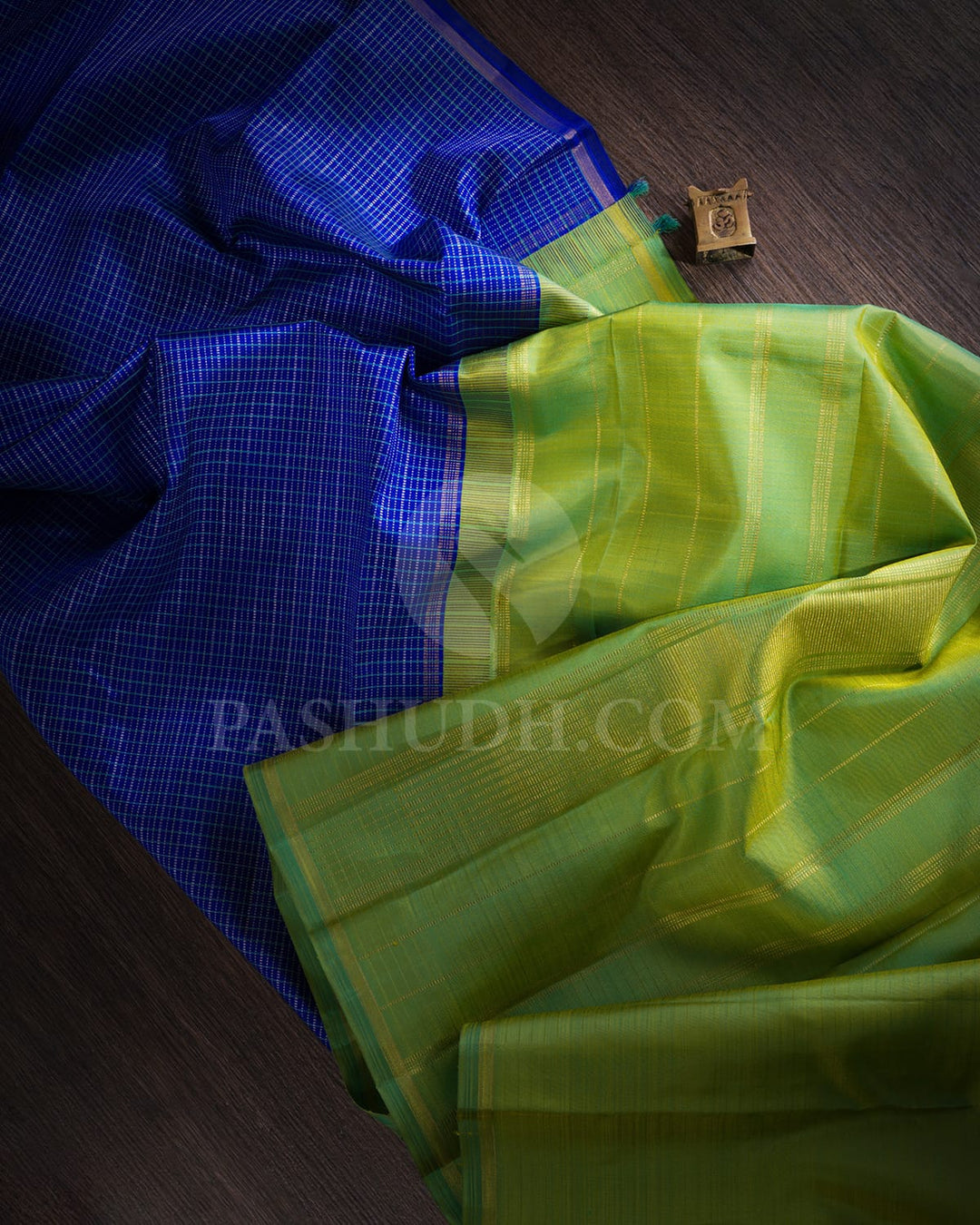 Ink Blue & Dual Shaded Green Traditional Borderless Pure Kanjivaram Silk Saree-SP71