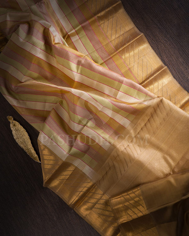 Multihue Pastel With Khaki Pure Kanjivaram Silk Saree-DJ360(A)
