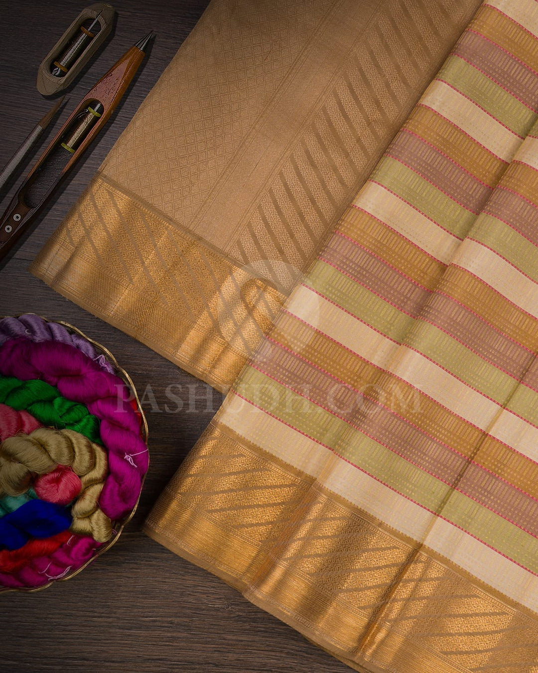 Multihue Pastel With Khaki Pure Kanjivaram Silk Saree-DJ360(A)