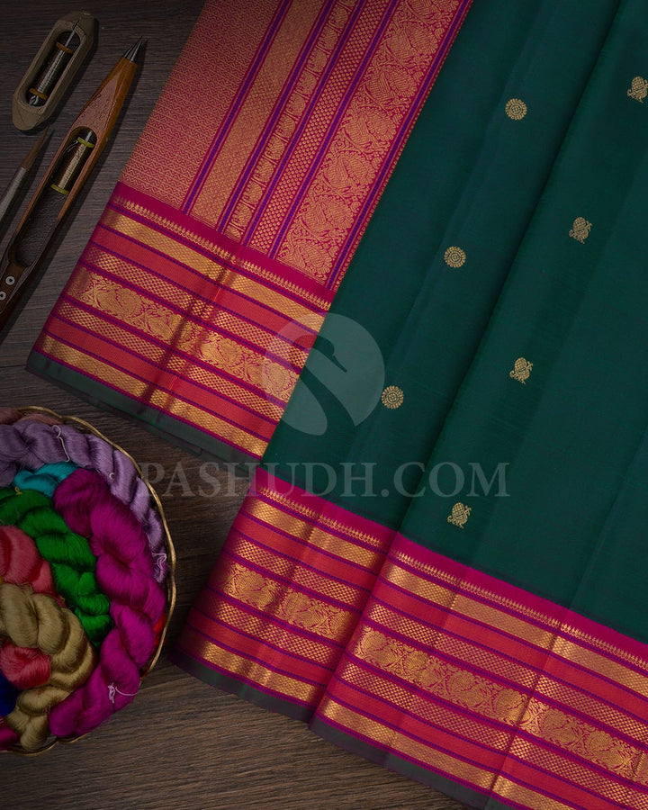 Bottle Green & Rani Pink Korvai Pure Kanjivaram Silk Saree-SP67