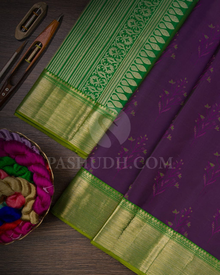 Heather Purple & Parrot Green Kanjivaram Silk Saree-D532(D)