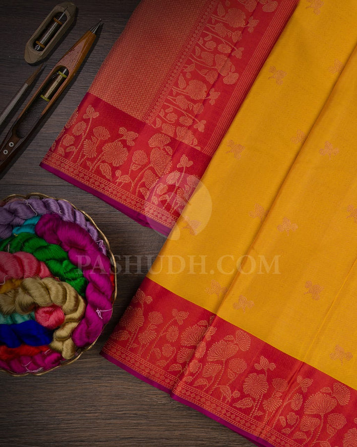 Mustard Yellow & Rust Orange Kanjivaram Silk  Saree-DJ350(D)