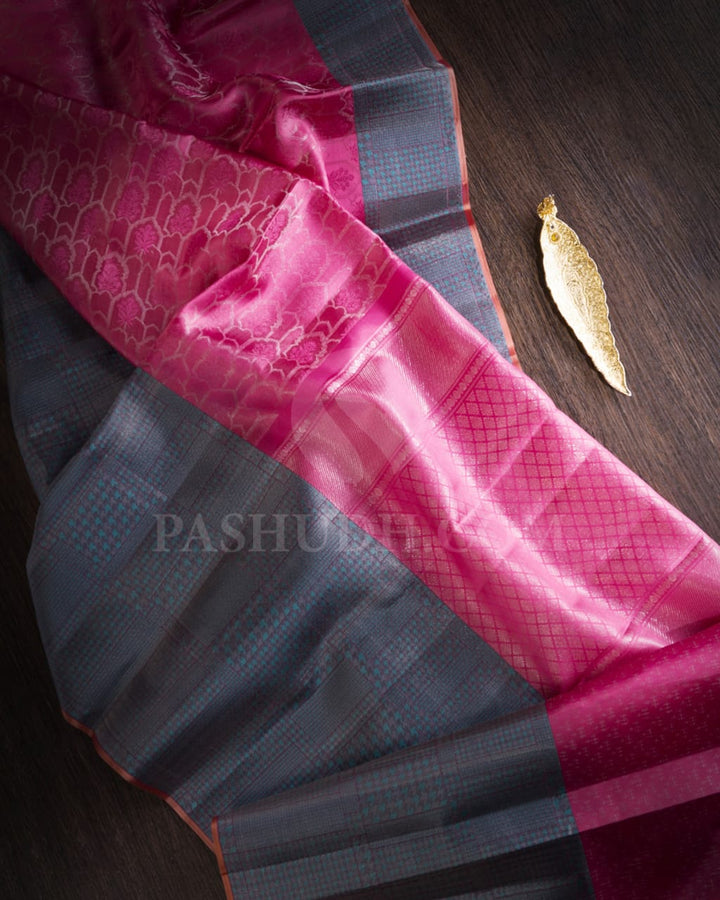 Baby Pink & Blue Grey Kanjivaram Silk Saree-DJ352(D)