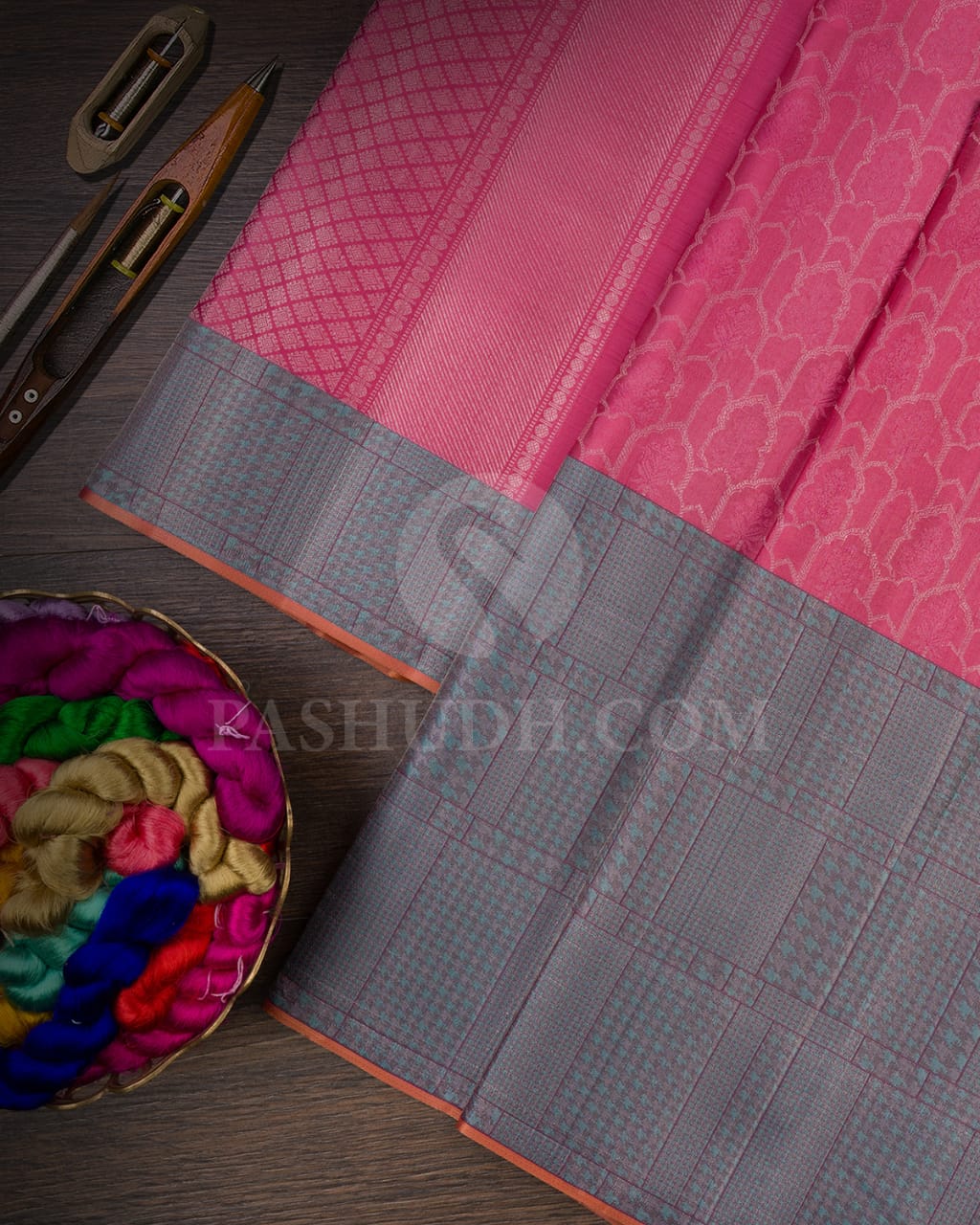 Baby Pink & Blue Grey Kanjivaram Silk Saree-DJ352(D)