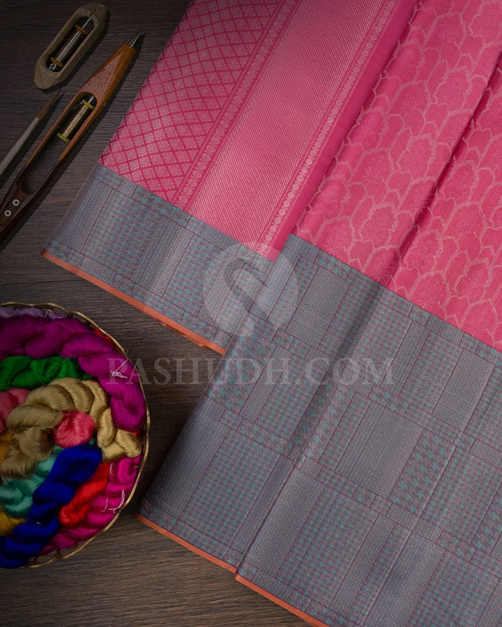Baby Pink & Blue Grey Kanjivaram Silk Saree-DJ352(D)