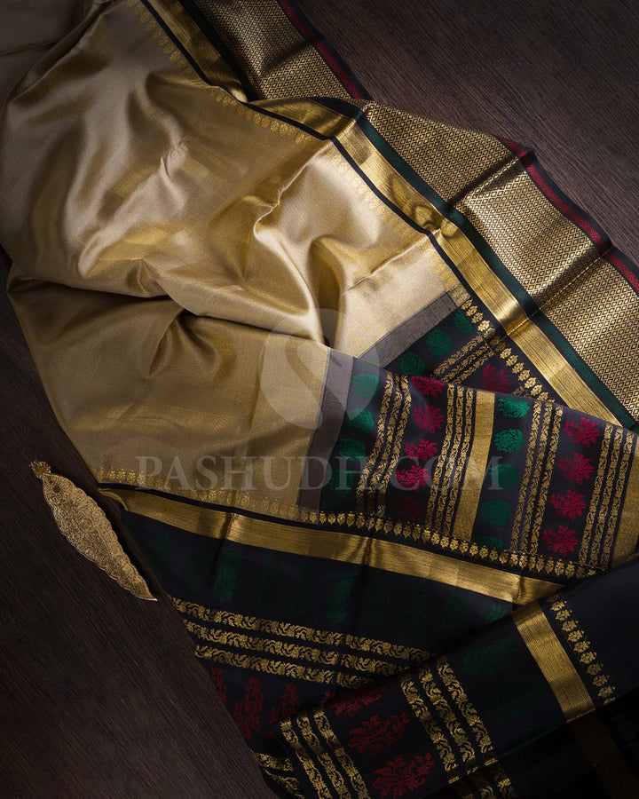 Greige & Black Kanjivaram Silk Saree-D618(C)