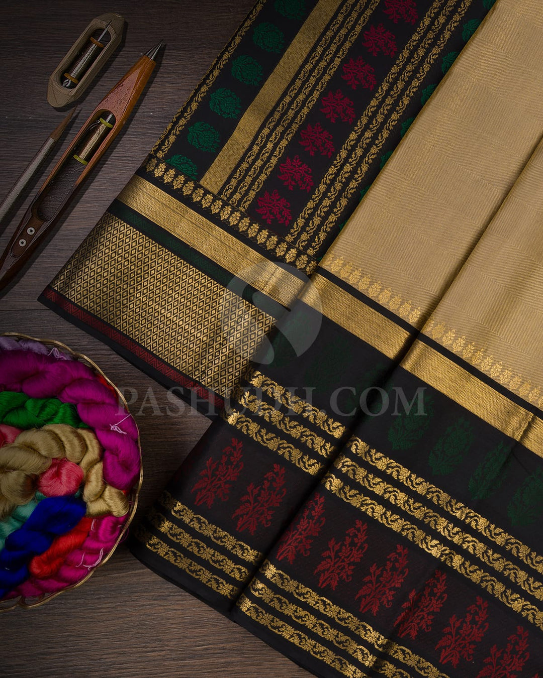 Greige & Black Kanjivaram Silk Saree-D618(C)