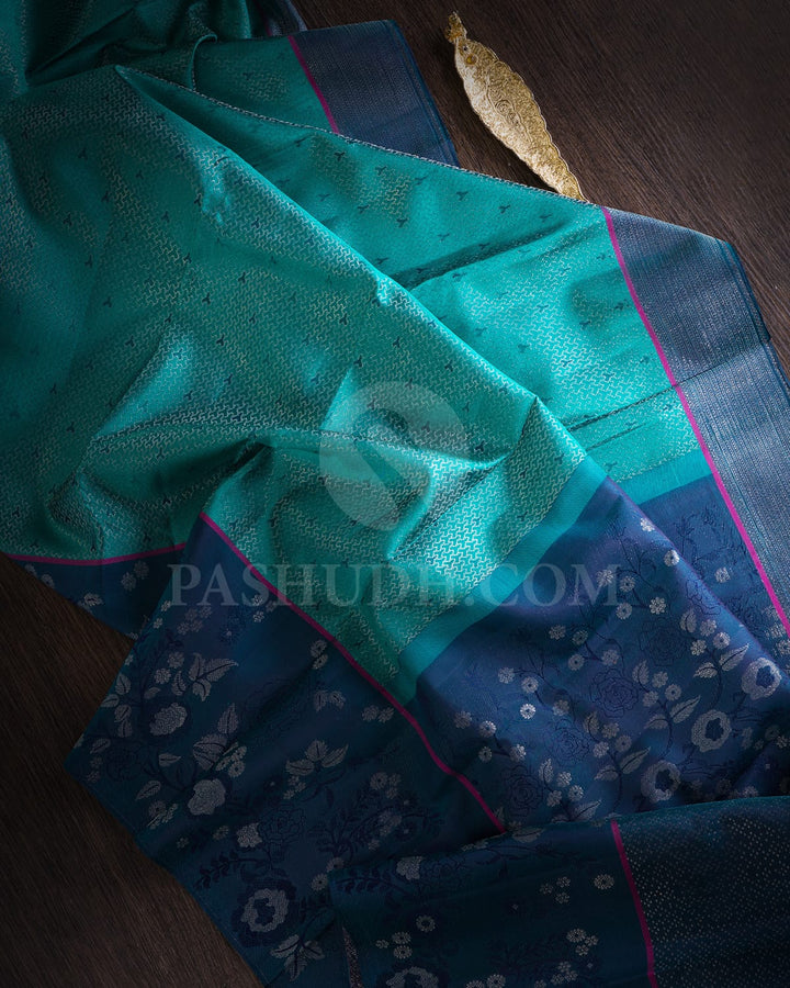 Turquoise Blue & Grey Shot Navy Blue Kanjivaram Silk Saree-DJ344(G)