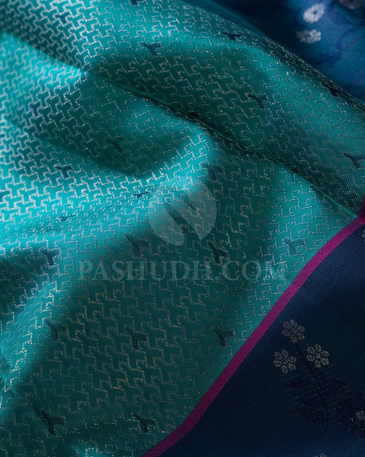Turquoise Blue & Grey Shot Navy Blue Kanjivaram Silk Saree-DJ344(G)