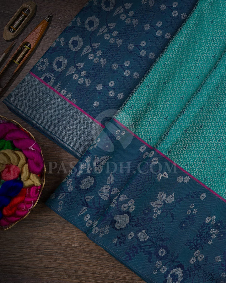 Turquoise Blue & Grey Shot Navy Blue Kanjivaram Silk Saree-DJ344(G)