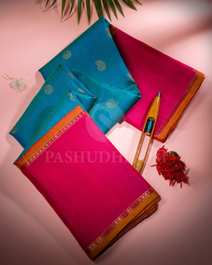 Dual Shaded Blue & Bright Rani Pink Pure Kanjivaram Silk Saree-SP84