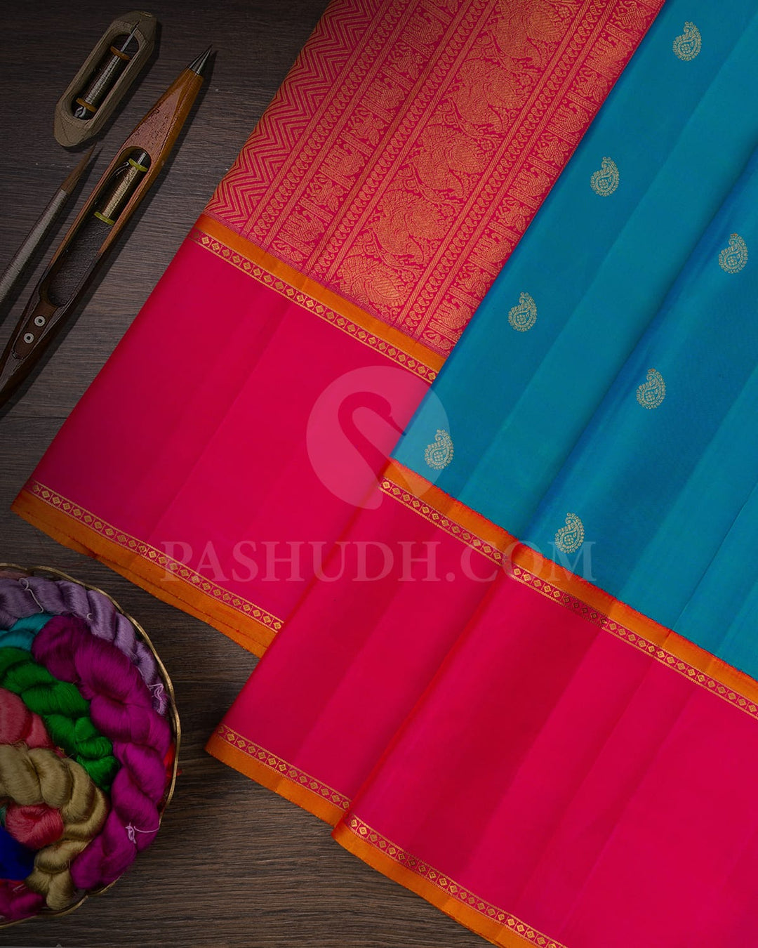 Dual Shaded Blue & Bright Rani Pink Pure Kanjivaram Silk Saree-SP84