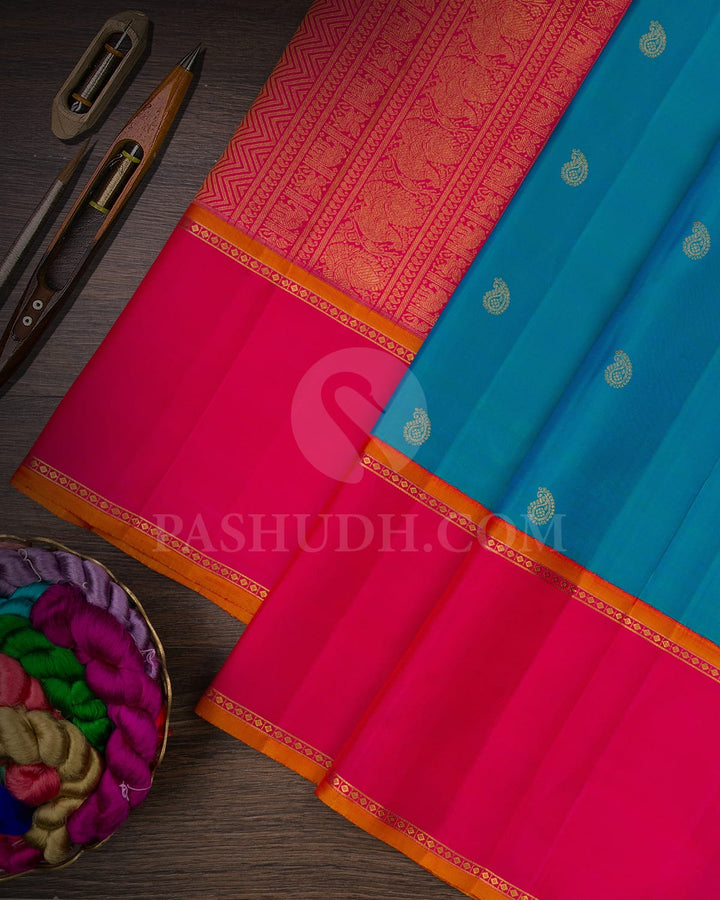 Dual Shaded Blue & Bright Rani Pink Pure Kanjivaram Silk Saree-SP84
