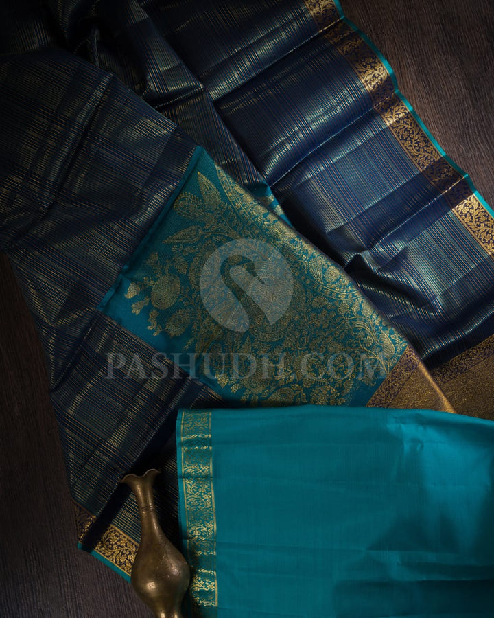 Navy Blue And Deep Teal Kanjivaram Silk Saree-S1330(C)