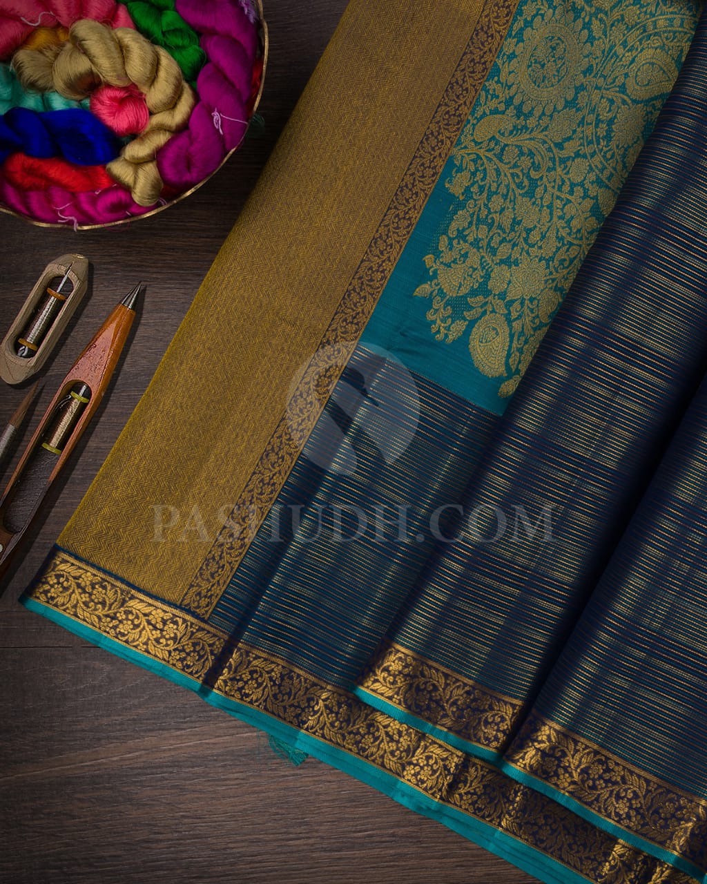 Navy Blue And Deep Teal Kanjivaram Silk Saree-S1330(C)