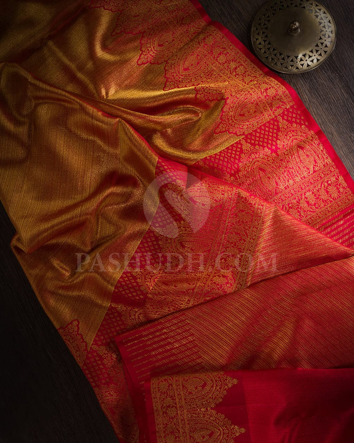 Golden Red Shimmer Bridal Kanjivaram Silk Saree-S1463(A)