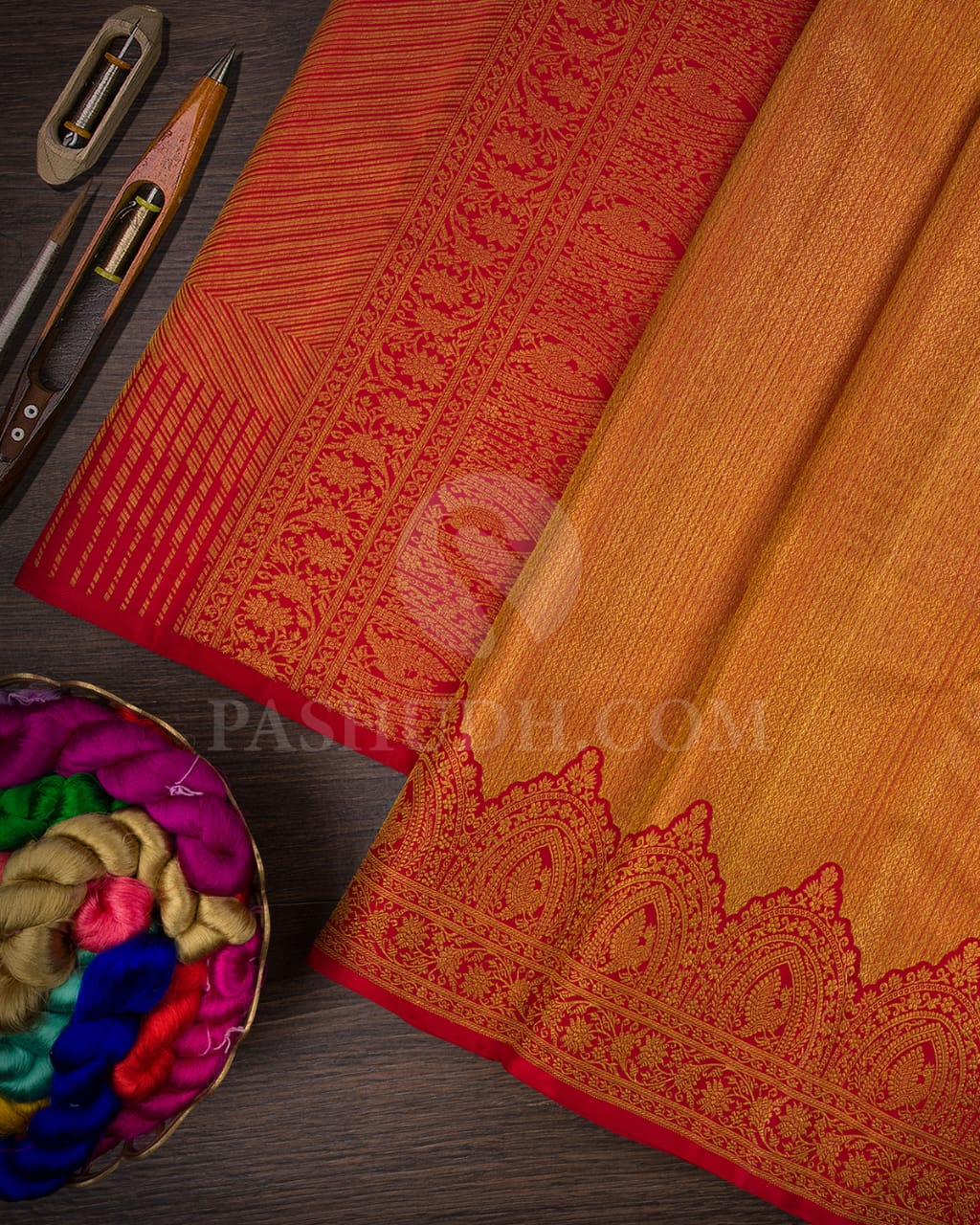 Golden Red Shimmer Bridal Kanjivaram Silk Saree-S1463(A)