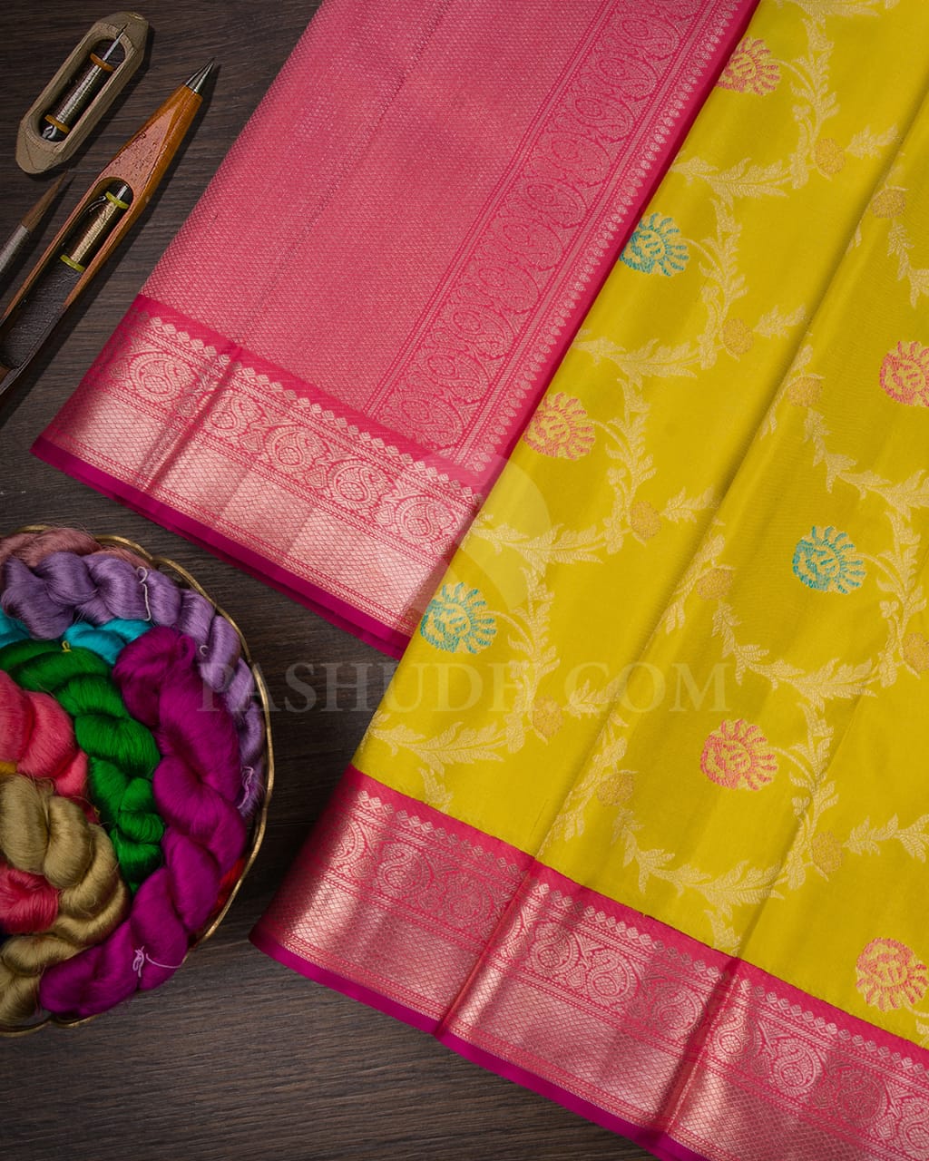 Tuscany Yellow And Peachy Pink Kanjivaram Silk Saree-S1458(A)
