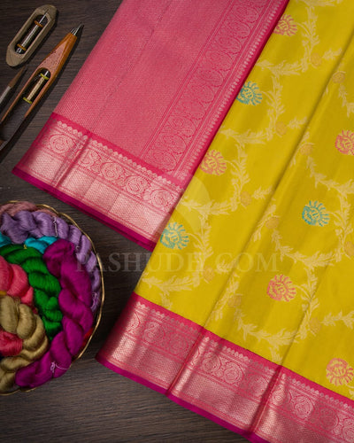 Tuscany Yellow And Peachy Pink Kanjivaram Silk Saree-S1458(A)