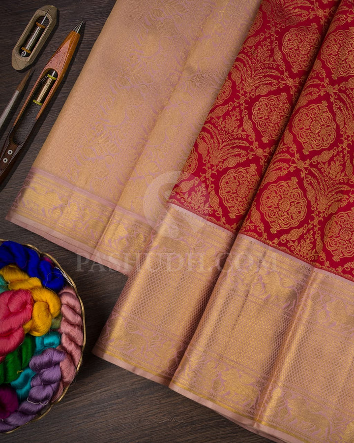 Bright Red And Baby Pink Bridal Pure Kanjivaram Silk Saree-SP99