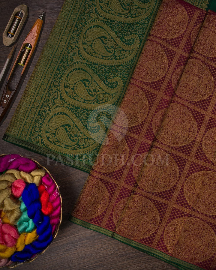 Deep Maroon And Bottle Green Pure Kanjivaram Silk Saree-SP107