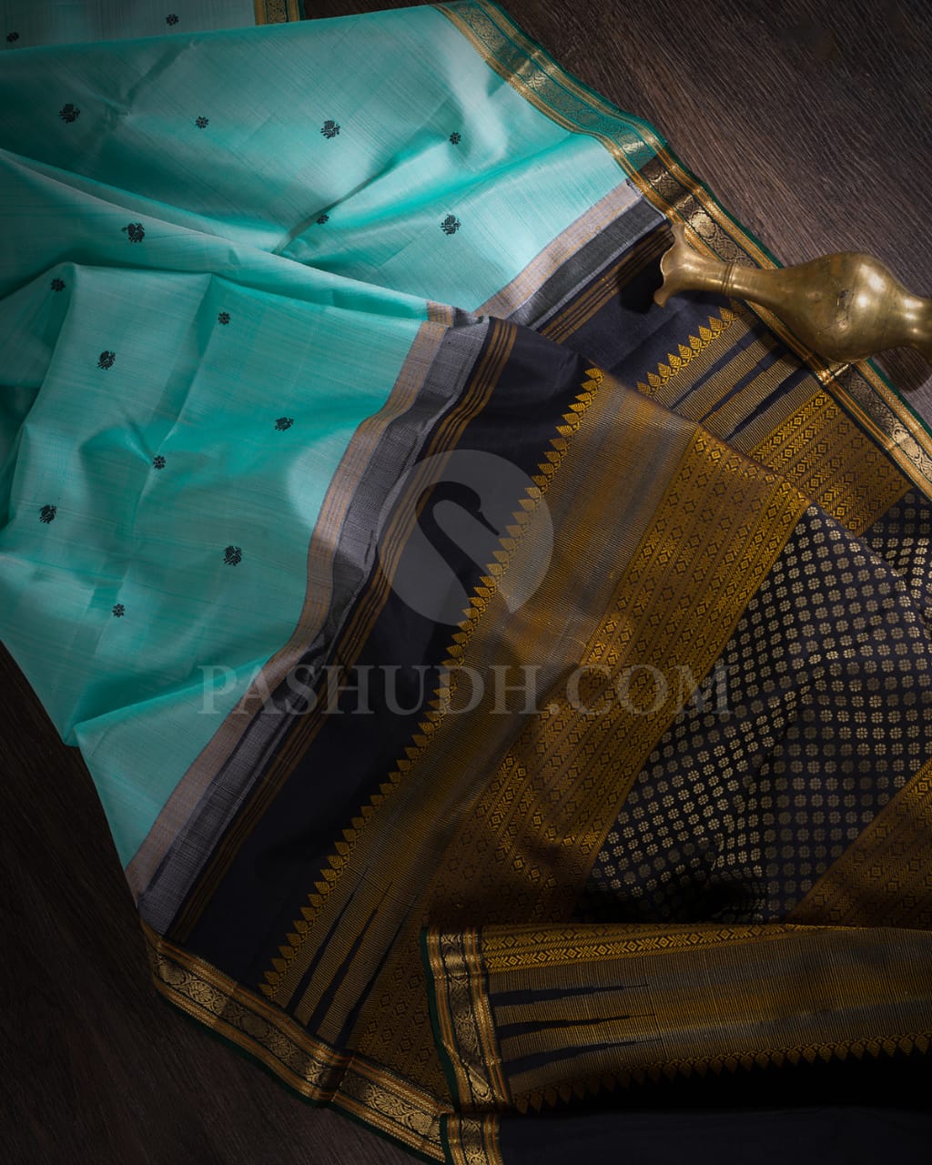 Pastel Teal And Black Pure Kanjivaram Silk Saree-SP128