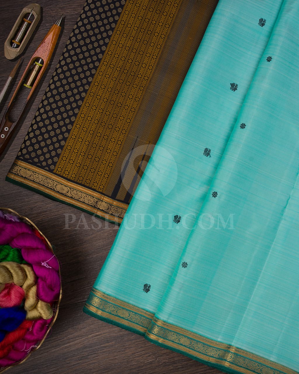 Pastel Teal And Black Pure Kanjivaram Silk Saree-SP128