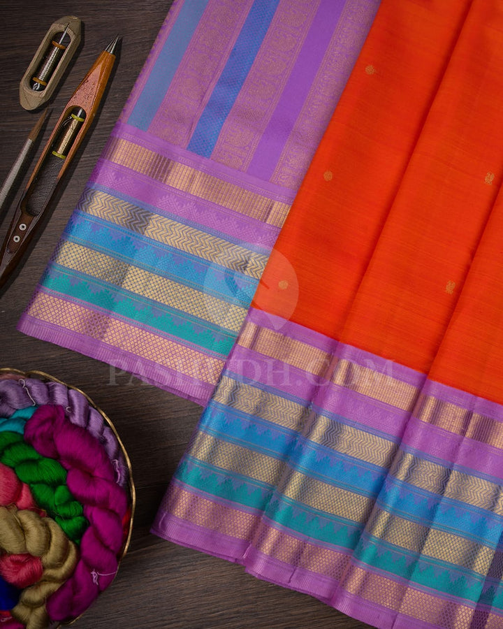 Deep Orange With Lavender Pure Kanjivaram Silk Saree-SP132