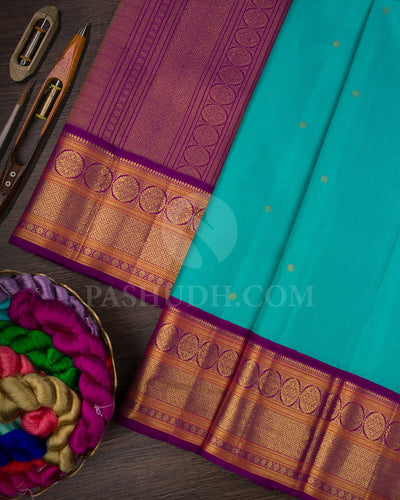 Turquoise Blue With Royal Purple Pure Kanjivaram Silk Saree-SP133