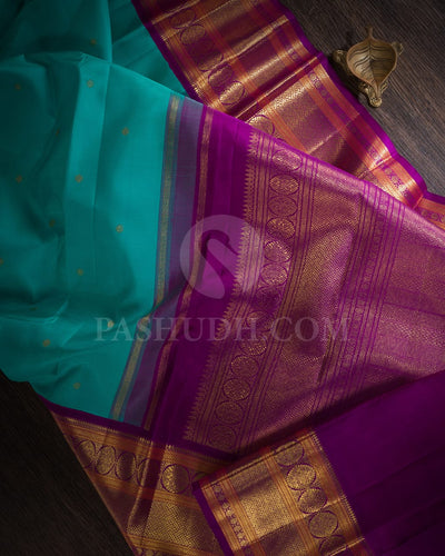 Turquoise Blue With Royal Purple Pure Kanjivaram Silk Saree-SP133