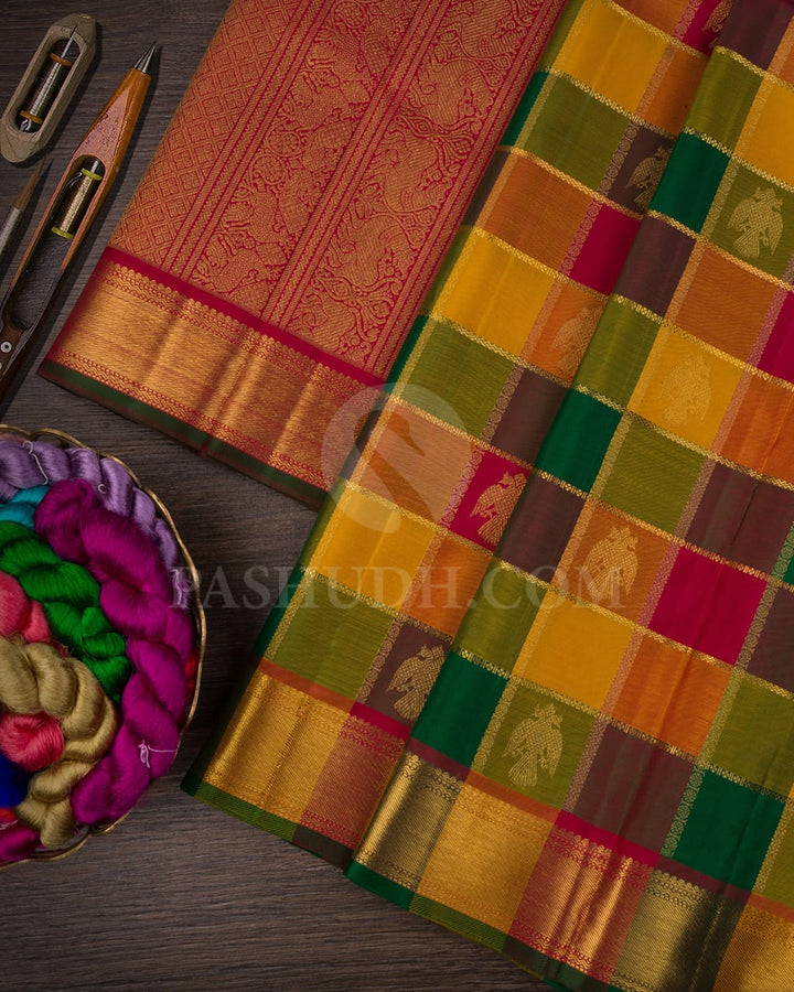 Multihue Checks With Ruby Red Pure Kanjivaram Silk Saree-SP124