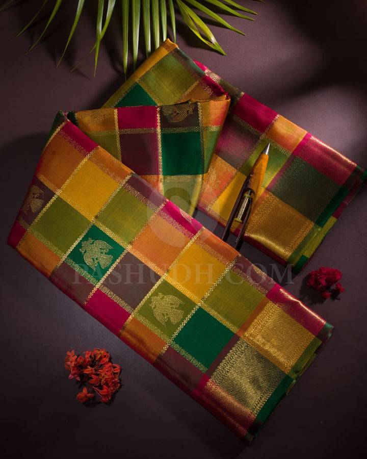 Multihue Checks With Ruby Red Pure Kanjivaram Silk Saree-SP124