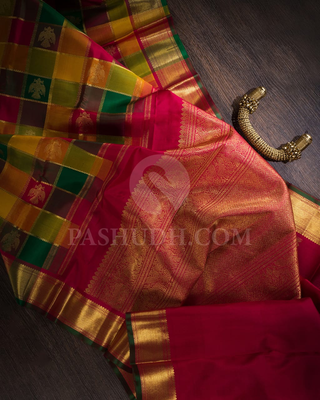 Multihue Checks With Ruby Red Pure Kanjivaram Silk Saree-SP124