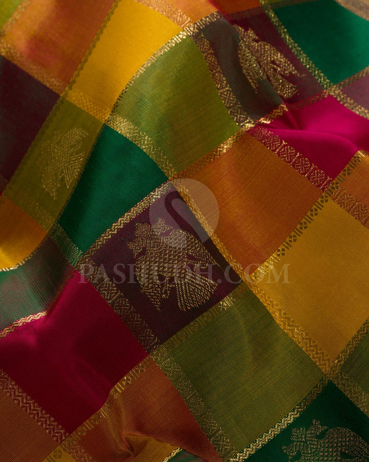 Multihue Checks With Ruby Red Pure Kanjivaram Silk Saree-SP124