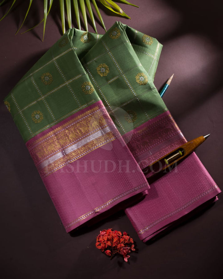Deep Olive Green And Rose Pink Pure Kanjivaram Silk Saree-SP103