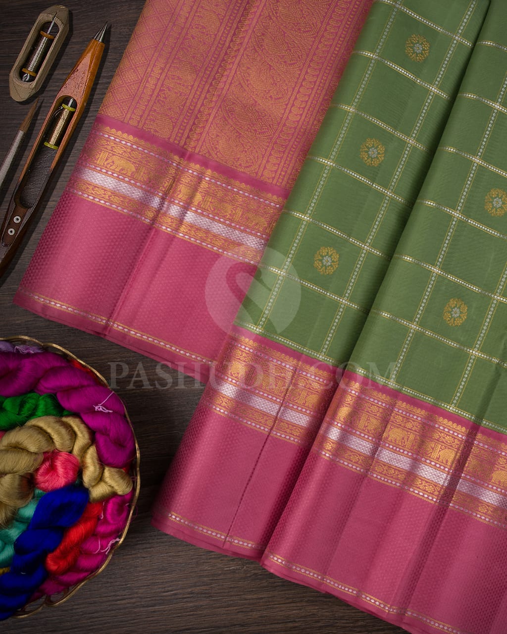 Deep Olive Green And Rose Pink Pure Kanjivaram Silk Saree-SP103