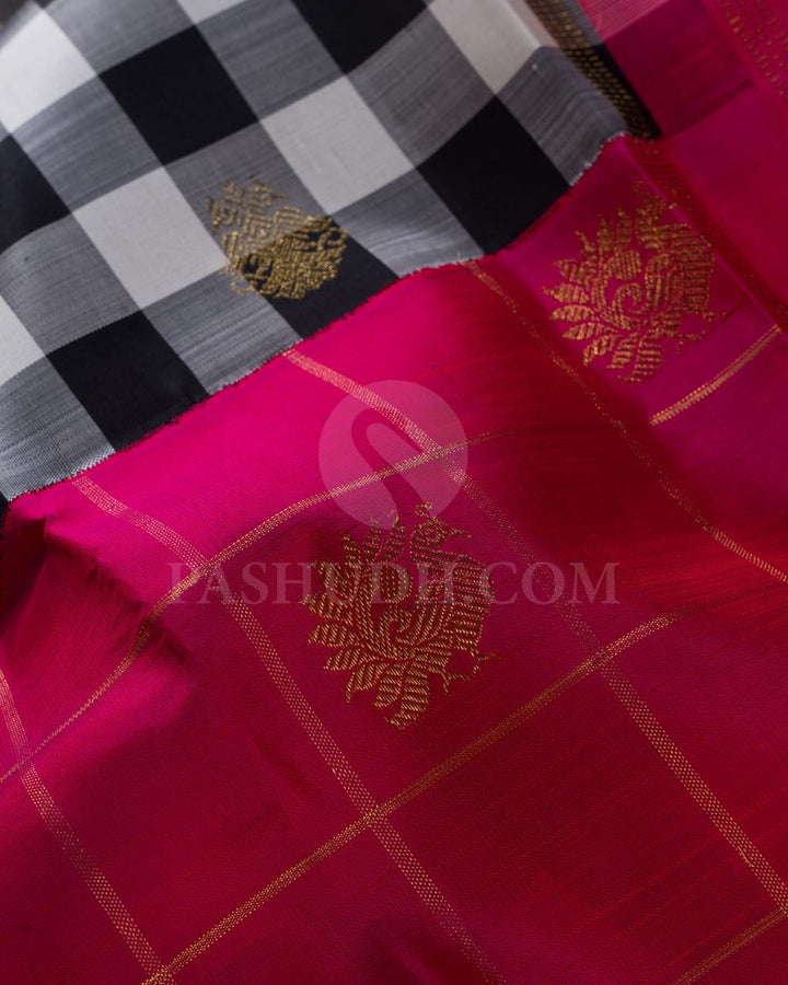 Black And White With Rani Pink Pure Kanjivaram Silk Saree-SP113